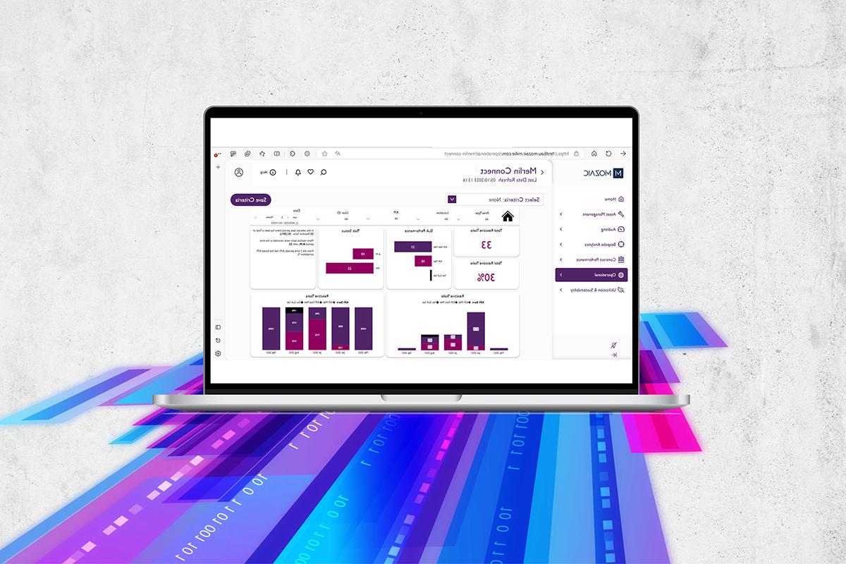 A laptop screen showing a Merlin Connect dashboard with bar charts and numbers, with stripes of purple, blue and magenta underneath them